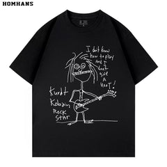 Washed Black Printed Short Sleeve T-shirt Nirvana Kurt Cobain Self Portrait Cotton Loose (2)