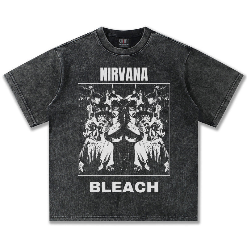 2025 Spring/Summer New Cross border NIRVANA Rock Band Vintage Short sleeved T-shirt Heavy duty Washed and Used Trend (12)