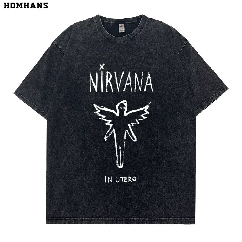 Washed vintage Nirvana In Utero band retro short sleeved T-shirt for men and women, loose and casual pure cotton (1)