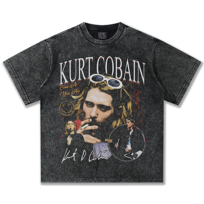 2025 Spring/Summer New Cross border NIRVANA Rock Band Vintage Short sleeved T-shirt Heavy duty Washed and Used Trend (11)