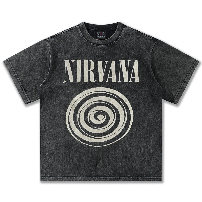 2025 Spring/Summer New Cross border NIRVANA Rock Band Vintage Short sleeved T-shirt Heavy duty Washed and Used Trend (17)