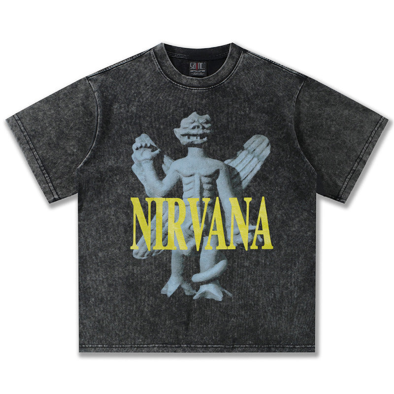 2025 Spring/Summer New Cross border NIRVANA Rock Band Vintage Short sleeved T-shirt Heavy duty Washed and Used Trend (4)
