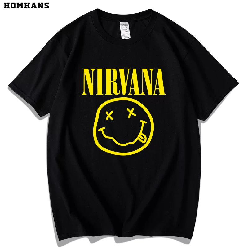 Red Korean Nirvana Nirvana Band European and American Metal Rock Pure Cotton Short sleeved Men's Smiling Face T-shirt Women's Loose Large Size (2)