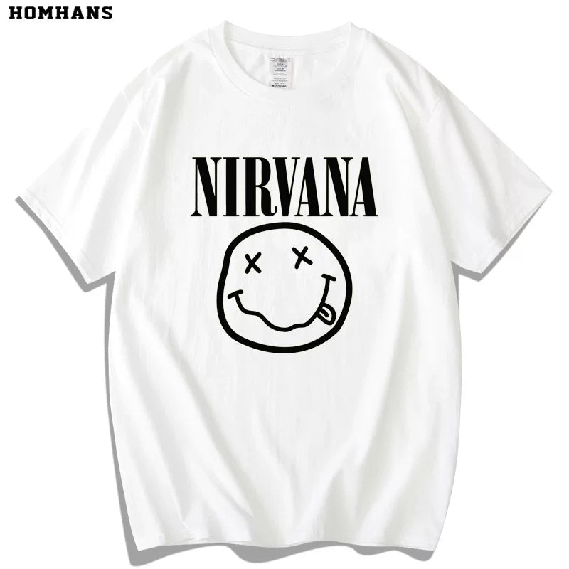 Red Korean Nirvana Nirvana Band European and American Metal Rock Pure Cotton Short sleeved Men's Smiling Face T-shirt Women's Loose Large Size (1)