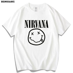 Red Korean Nirvana Nirvana Band European and American Metal Rock Pure Cotton Short sleeved Men's Smiling Face T-shirt Women's Loose Large Size (1)