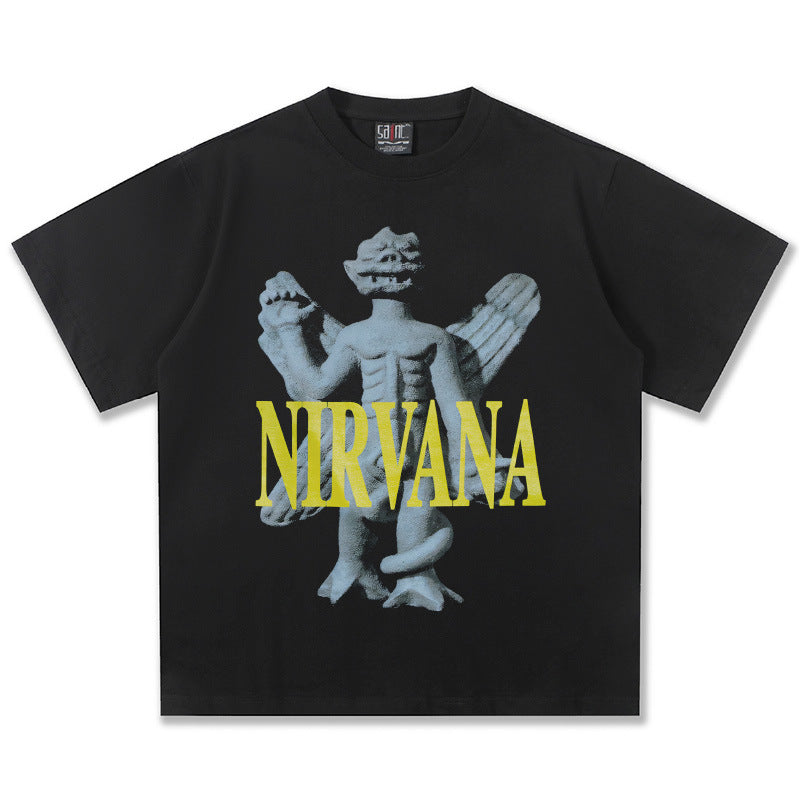 2025 Spring/Summer New Cross border NIRVANA Rock Band Vintage Short sleeved T-shirt Heavy duty Washed and Used Trend (4)