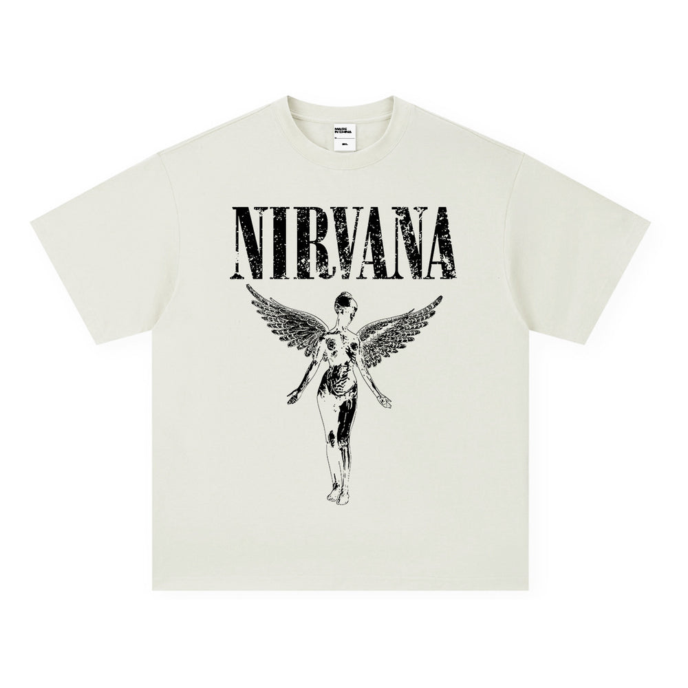 NIRVANA Cross border Heavy American Retro Short Sleeve Top Men's Summer Printed T-shirt Loose Five Sleeve T-shirt (1)