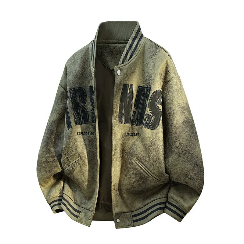 Olive Green Vintage Washed Graphic Varsity Jacket