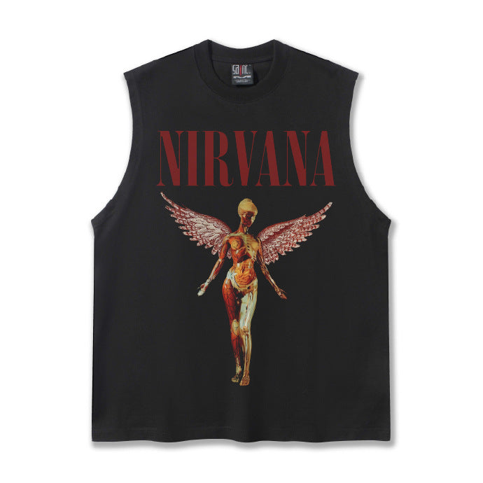 2025 Cross border Summer Nirvana Crimson Angel Heavy Duty Washed Water Shoulder Tank Top Rock T-shirt Printed Men's Tank Top