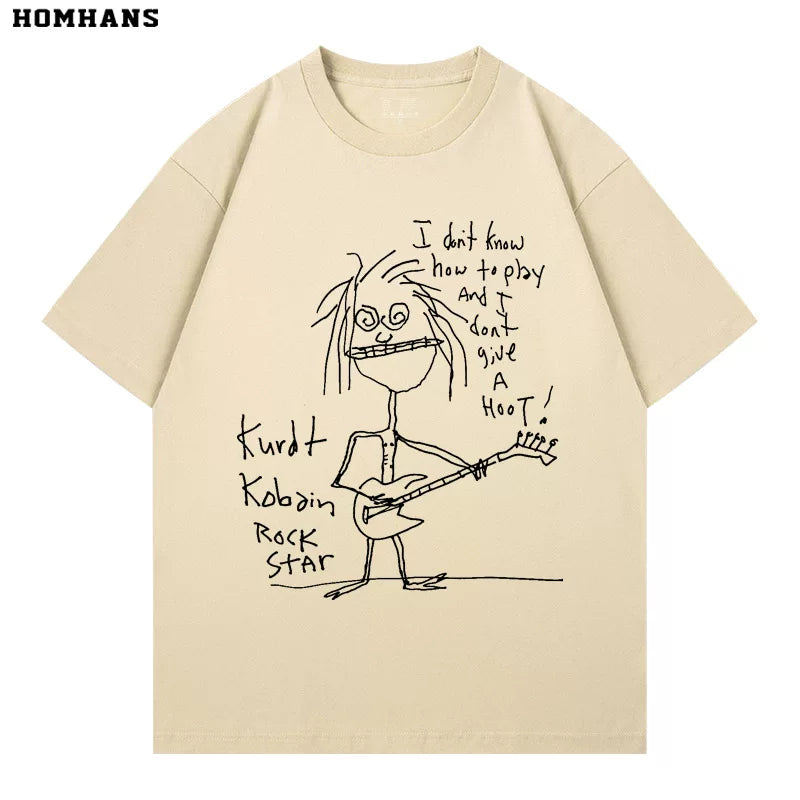 Washed Black Printed Short Sleeve T-shirt Nirvana Kurt Cobain Self Portrait Cotton Loose (1)