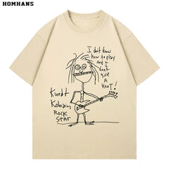 Washed Black Printed Short Sleeve T-shirt Nirvana Kurt Cobain Self Portrait Cotton Loose (1)