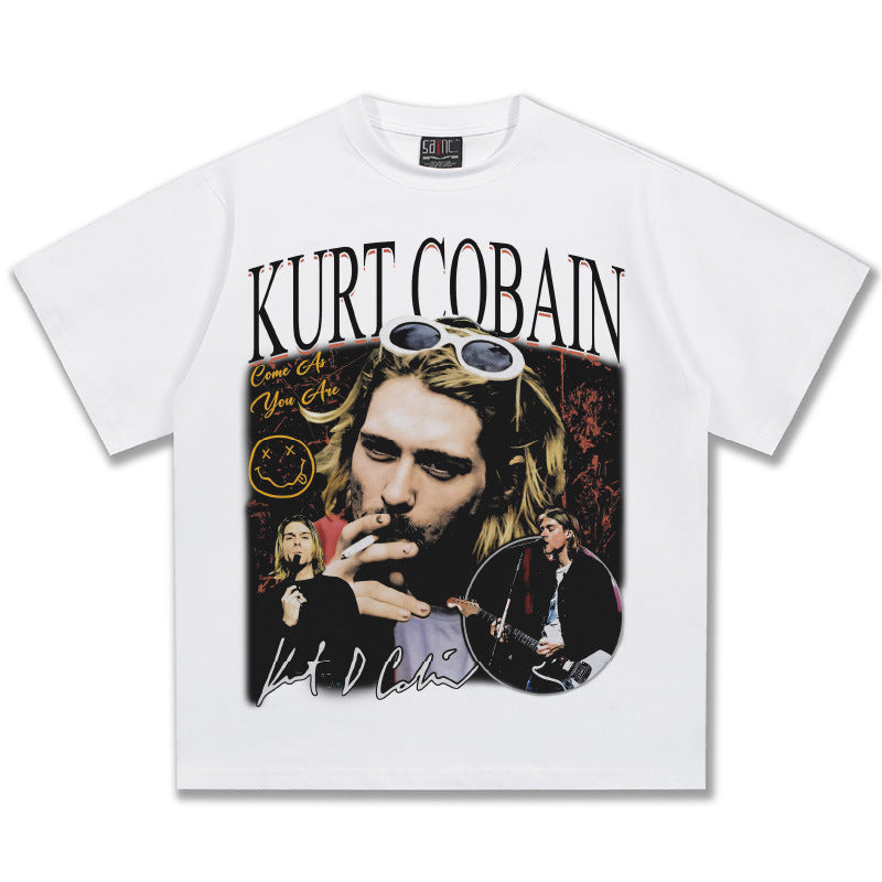 2025 Spring/Summer New Cross border NIRVANA Rock Band Vintage Short sleeved T-shirt Heavy duty Washed and Used Trend (11)