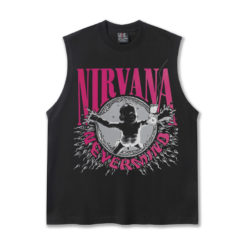 2025 Cross border Summer NIRVANA American Retro High Street Round Neck Shoulder Tank Top T-shirt Printed Tank Top for Men and Women (2)