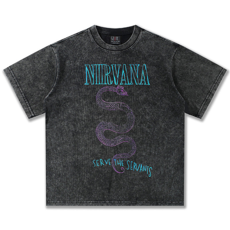 2025 Spring/Summer New Cross border NIRVANA Rock Band Vintage Short sleeved T-shirt Heavy duty Washed and Used Trend (6)