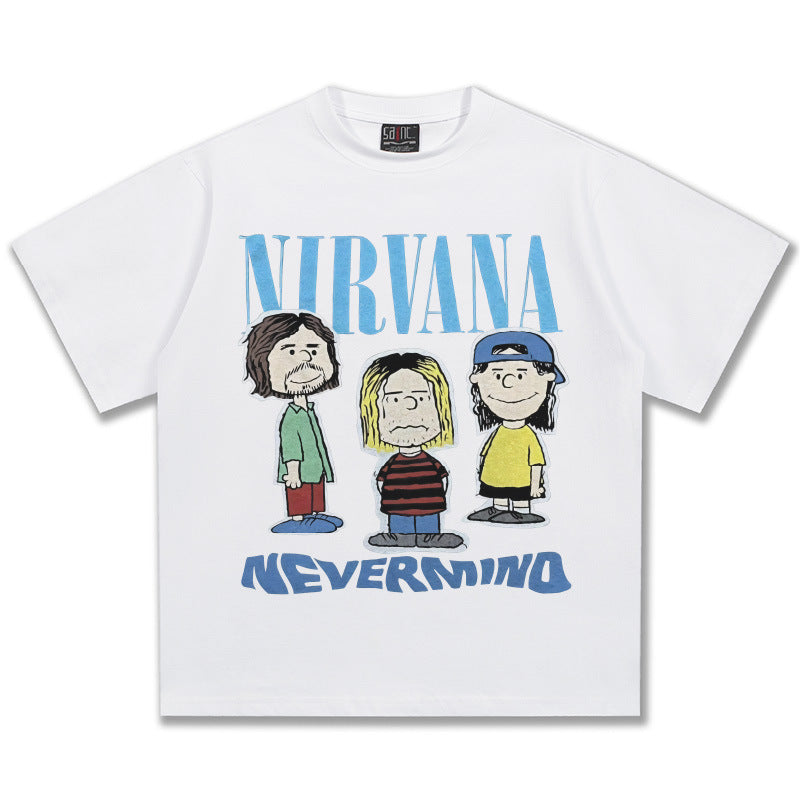 2025 Spring/Summer New Cross border NIRVANA Rock Band Vintage Short sleeved T-shirt Heavy duty Washed and Used Trend (15)