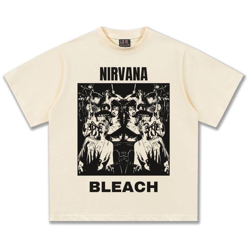 2025 Spring/Summer New Cross border NIRVANA Rock Band Vintage Short sleeved T-shirt Heavy duty Washed and Used Trend (12)
