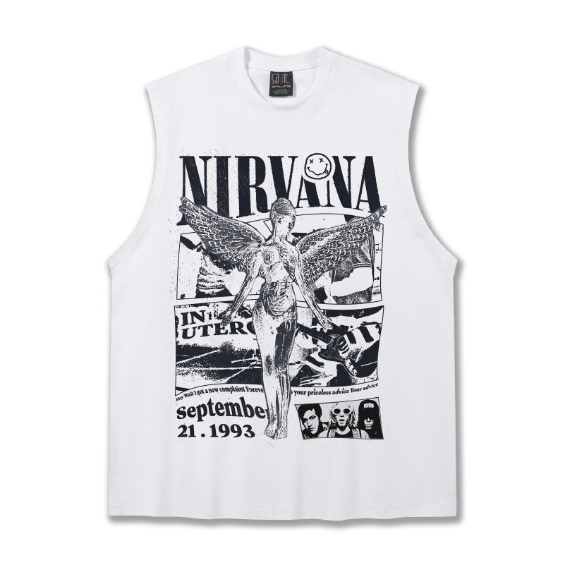 2025 Cross border Summer NIRVANA New American Retro High Street Round Neck Shoulder Tank Top T-shirt Printed Tank Top for Men (2)