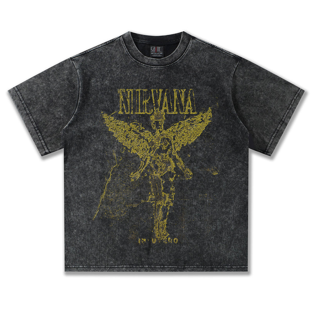 2025 Spring/Summer New NIRVANA Shattered Angel Washed Vintage Printed Short Sleeve T-shirt Heavy Tide (1)