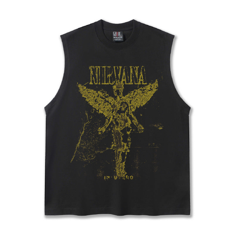 2025 Cross border Summer NIRVANA American Heavy duty Pure Cotton Shoulder Tank Top T-shirt Breathable Printed Round Neck Tank Top for Men (1)