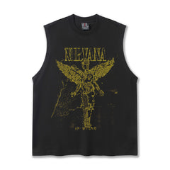 2025 Cross border Summer NIRVANA American Heavy duty Pure Cotton Shoulder Tank Top T-shirt Breathable Printed Round Neck Tank Top for Men (1)