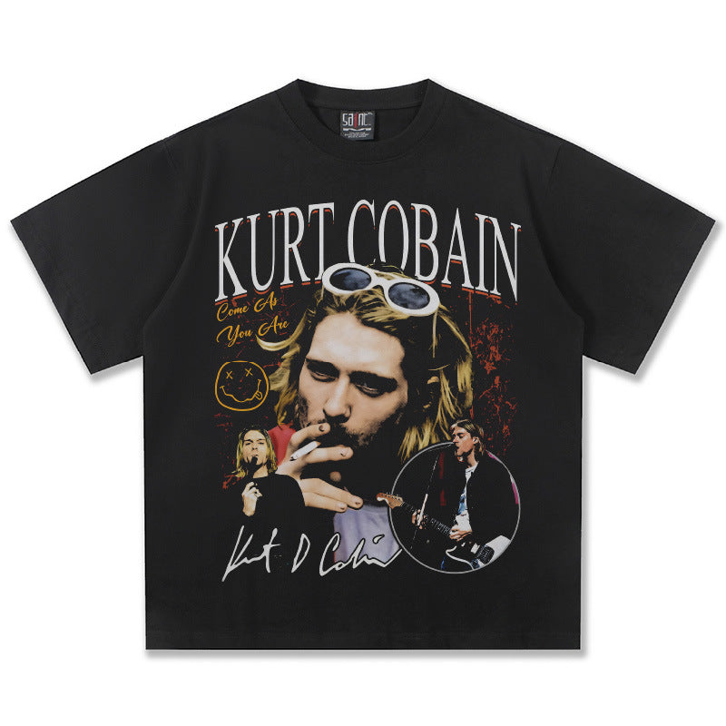2025 Spring/Summer New Cross border NIRVANA Rock Band Vintage Short sleeved T-shirt Heavy duty Washed and Used Trend (11)