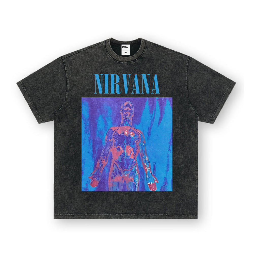 NIRVANA Rock American Retro Short Sleeve T-shirt Washed Heavy Cross border Printed Trendy Pure Cotton Vintage Men (2)