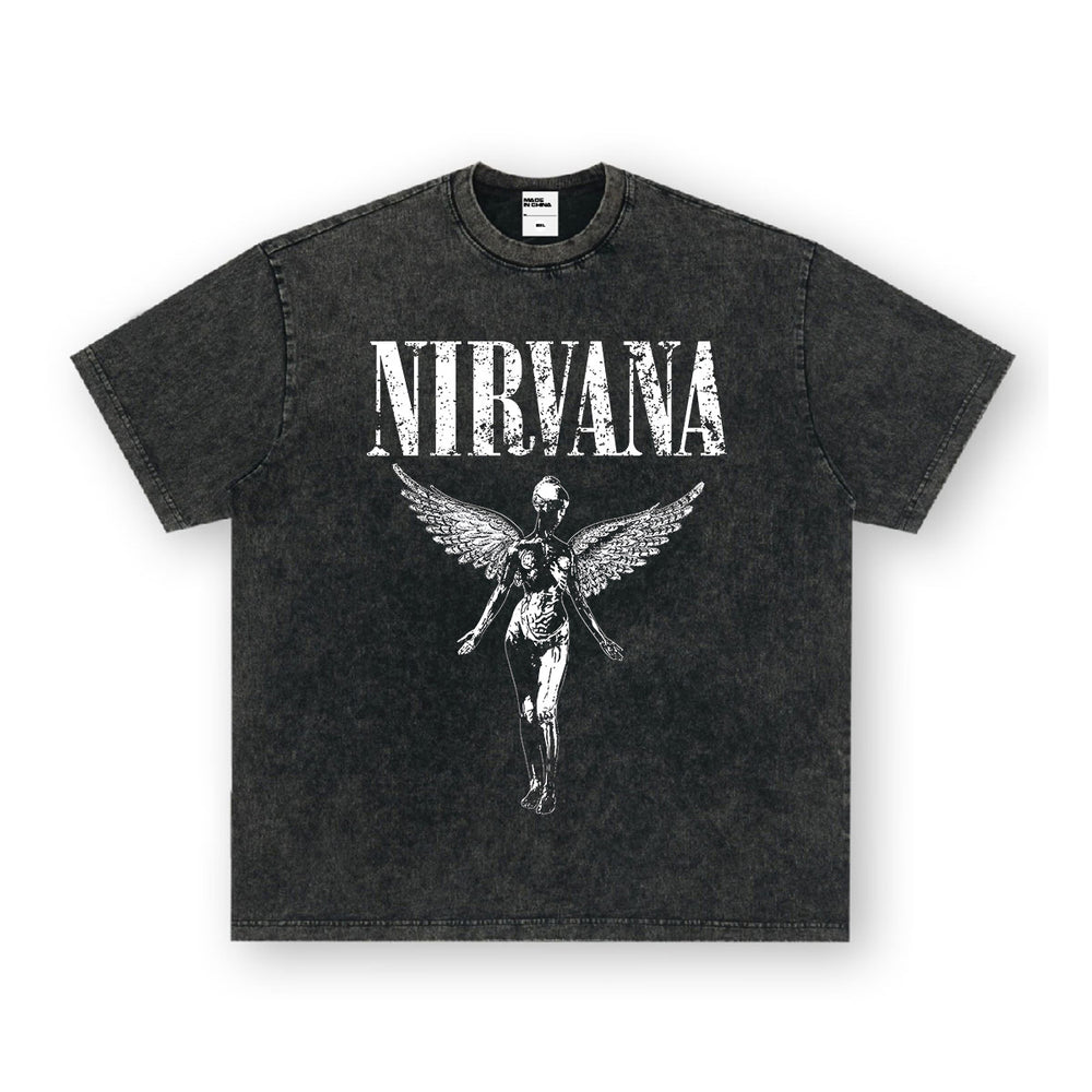NIRVANA Cross border Heavy American Retro Short Sleeve Top Men's Summer Printed T-shirt Loose Five Sleeve T-shirt (1)