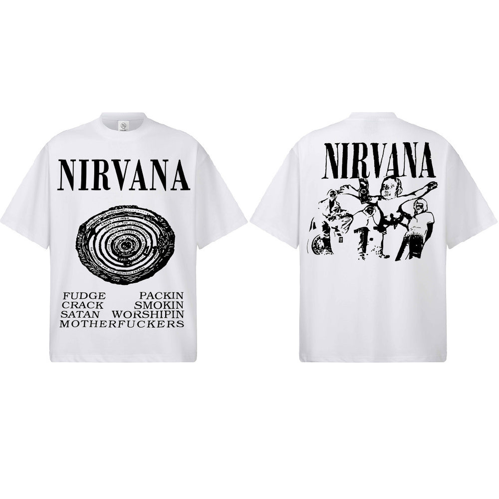 2026 Cross border Spring/Summer NIRVANA New American Round Neck 300G Cotton Shoulder Drop Heavy Short Sleeve Men's Bottom Shirt (1)