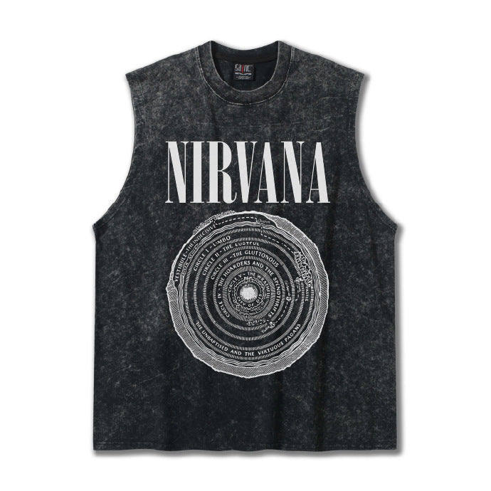 2025 Cross border Summer Nirvana Ring European and American Rock Vintage Washed Water Shoulder Tank Top T-shirt Printed Men's Tank Top