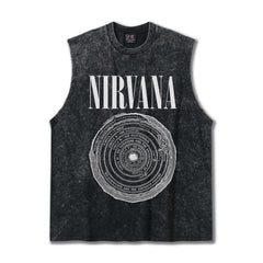 2025 Cross border Summer Nirvana Ring European and American Rock Vintage Washed Water Shoulder Tank Top T-shirt Printed Men's Tank Top