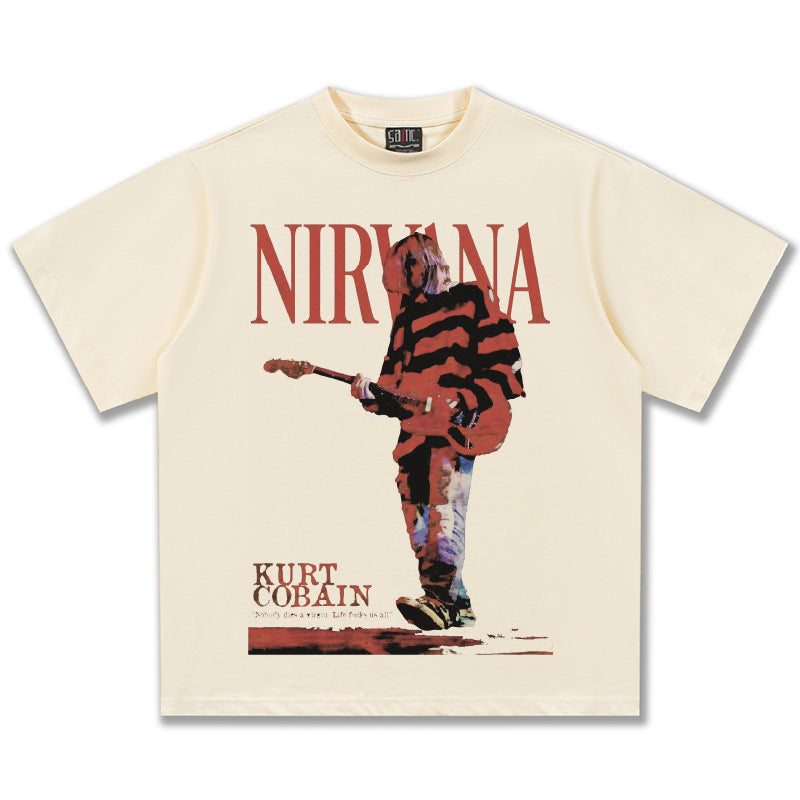 2025 Spring/Summer New Cross border NIRVANA Rock Band Vintage Short sleeved T-shirt Heavy duty Washed and Used Trend (8)