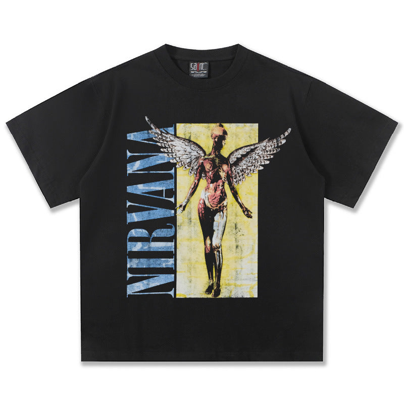 2025 Spring/Summer New Cross border NIRVANA Rock Band Vintage Short sleeved T-shirt Heavy duty Washed and Used Trend (1)