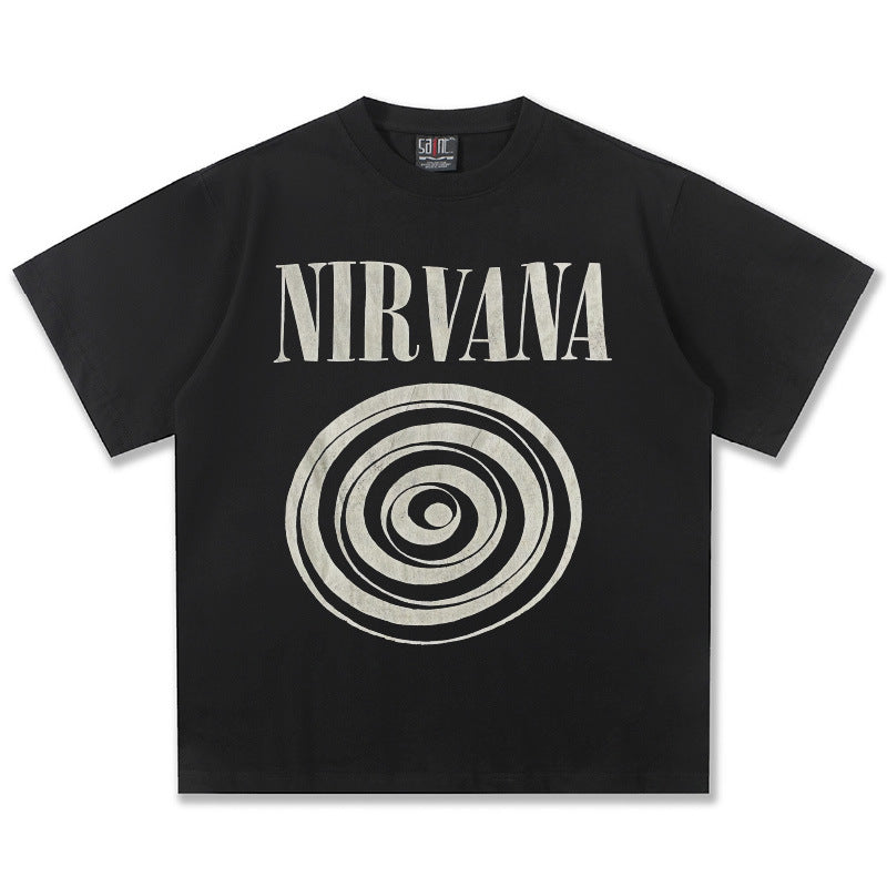 2025 Spring/Summer New Cross border NIRVANA Rock Band Vintage Short sleeved T-shirt Heavy duty Washed and Used Trend (17)