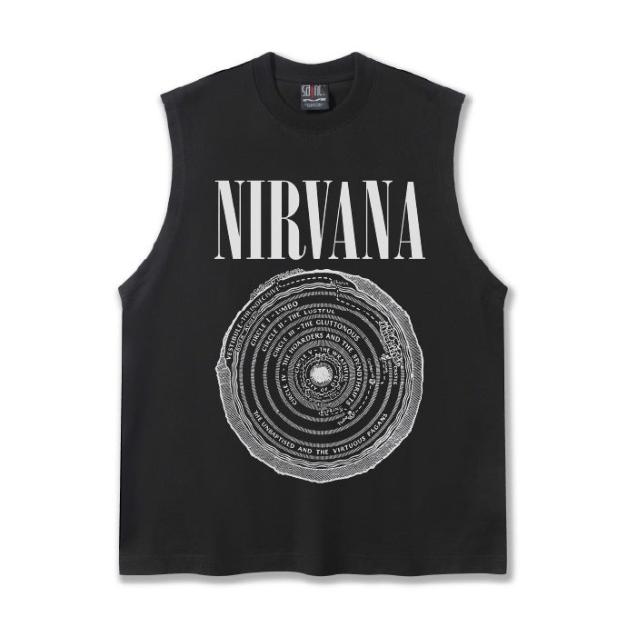 2025 Cross border Summer Nirvana Ring European and American Rock Vintage Washed Water Shoulder Tank Top T-shirt Printed Men's Tank Top