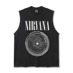2025 Cross border Summer Nirvana Ring European and American Rock Vintage Washed Water Shoulder Tank Top T-shirt Printed Men's Tank Top