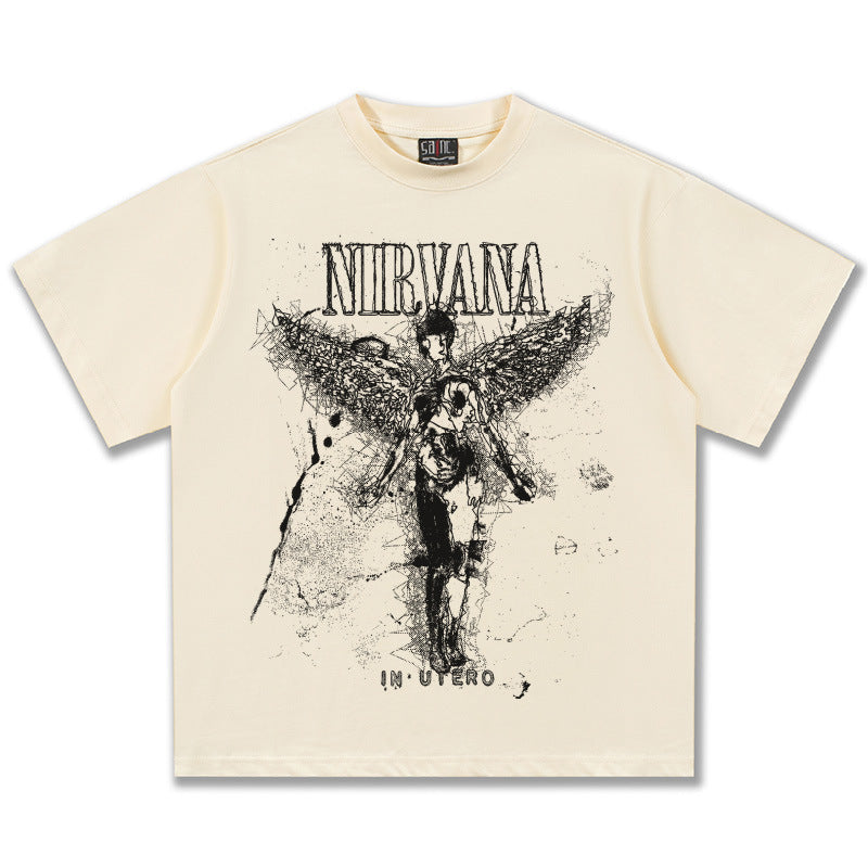 2025 Spring/Summer New Cross border NIRVANA Rock Band Vintage Short sleeved T-shirt Heavy duty Washed and Used Trend (10)
