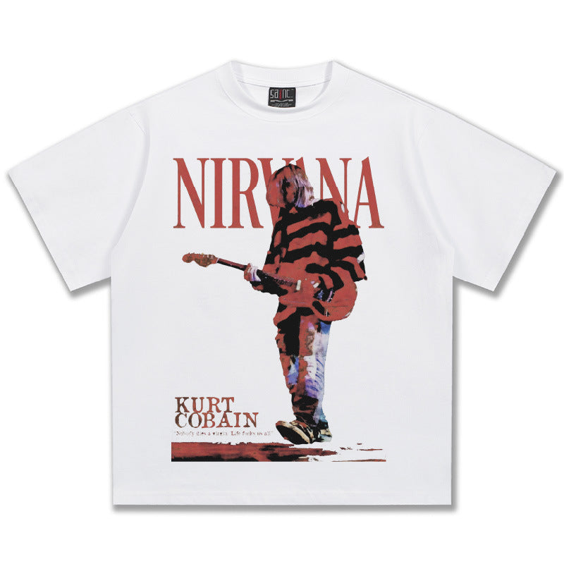 2025 Spring/Summer New Cross border NIRVANA Rock Band Vintage Short sleeved T-shirt Heavy duty Washed and Used Trend (8)