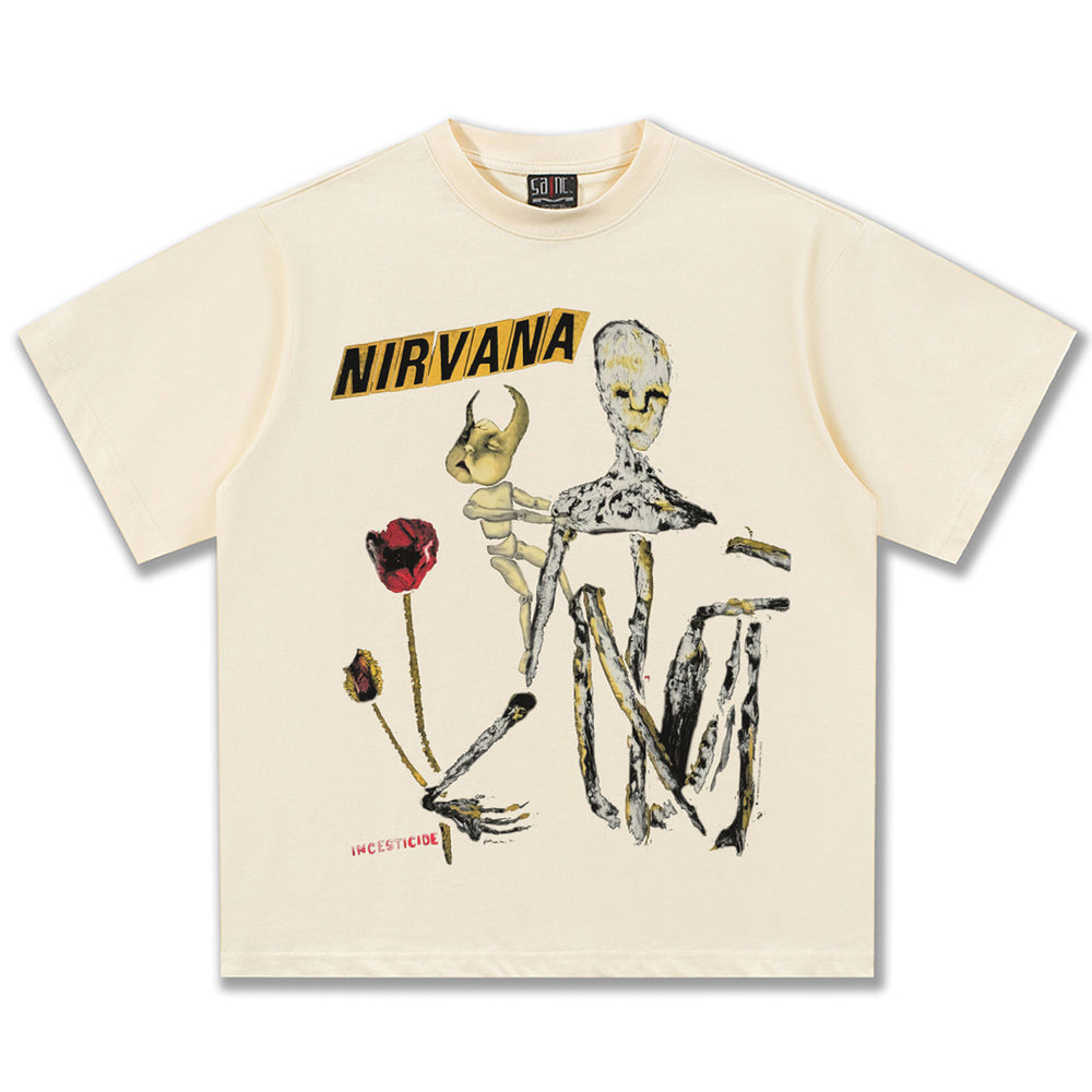 2025 Spring/Summer New Cross border NIRVANA Rock Band Vintage Short sleeved T-shirt Heavy duty Washed and Used Trend (13)