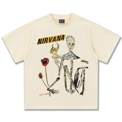 2025 Spring/Summer New Cross border NIRVANA Rock Band Vintage Short sleeved T-shirt Heavy duty Washed and Used Trend (13)
