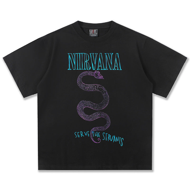 2025 Spring/Summer New Cross border NIRVANA Rock Band Vintage Short sleeved T-shirt Heavy duty Washed and Used Trend (6)