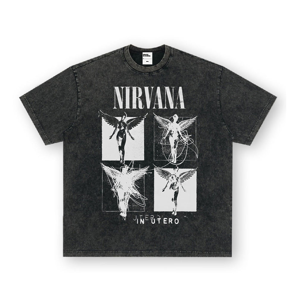 NIRVANA Rock American Retro Short Sleeve T-shirt Washed Heavy Cross border Printed Trendy Pure Cotton Vintage Men (5)