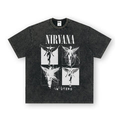 NIRVANA Rock American Retro Short Sleeve T-shirt Washed Heavy Cross border Printed Trendy Pure Cotton Vintage Men (5)