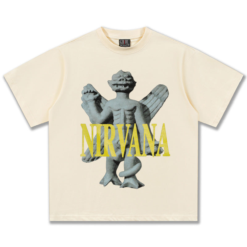 2025 Spring/Summer New Cross border NIRVANA Rock Band Vintage Short sleeved T-shirt Heavy duty Washed and Used Trend (4)