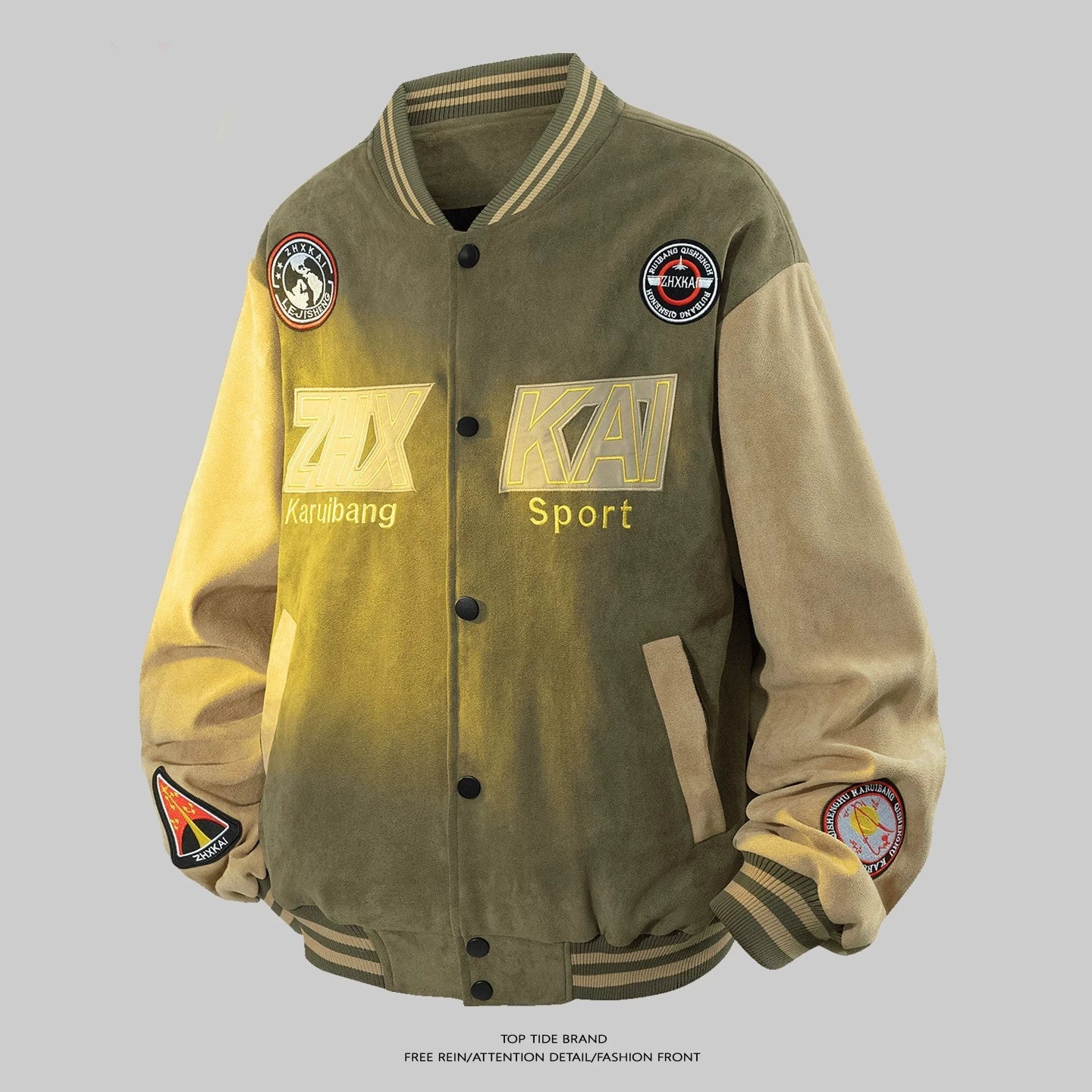 Olive Green Graphic Patched Varsity Jacket