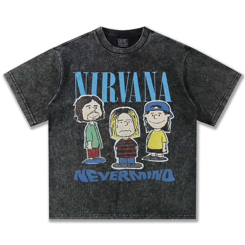 2025 Spring/Summer New Cross border NIRVANA Rock Band Vintage Short sleeved T-shirt Heavy duty Washed and Used Trend (15)
