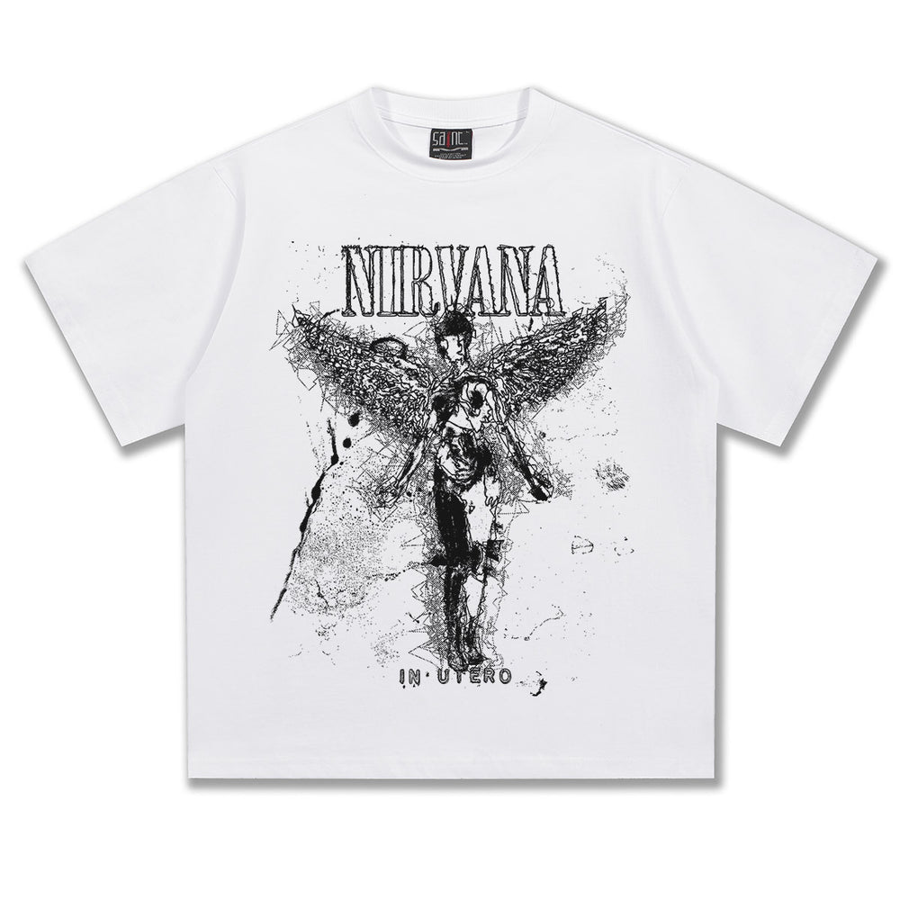 2025 Spring/Summer New NIRVANA Shattered Angel Washed Vintage Printed Short Sleeve T-shirt Heavy Tide (2)