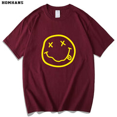 Red Korean Nirvana Nirvana Band European and American Metal Rock Pure Cotton Short sleeved Men's Smiling Face T-shirt Women's Loose Large Size (1)