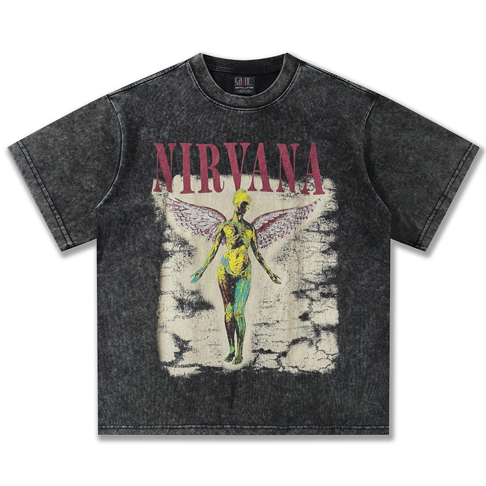 2025 Spring/Summer New Cross border NIRVANA Rock Band Vintage Short sleeved T-shirt Heavy duty Washed and Used Trend (16)