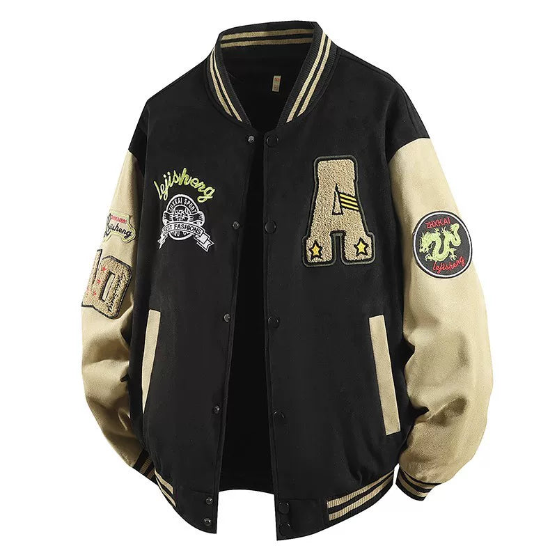Black Multi‑Patch Embroidered Varsity Jacket