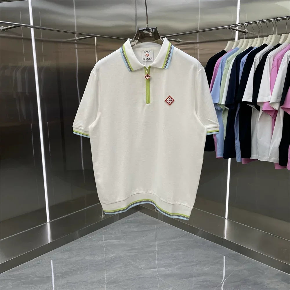 Casablanca Lime Accent Knit Polo Shirt - Off-White